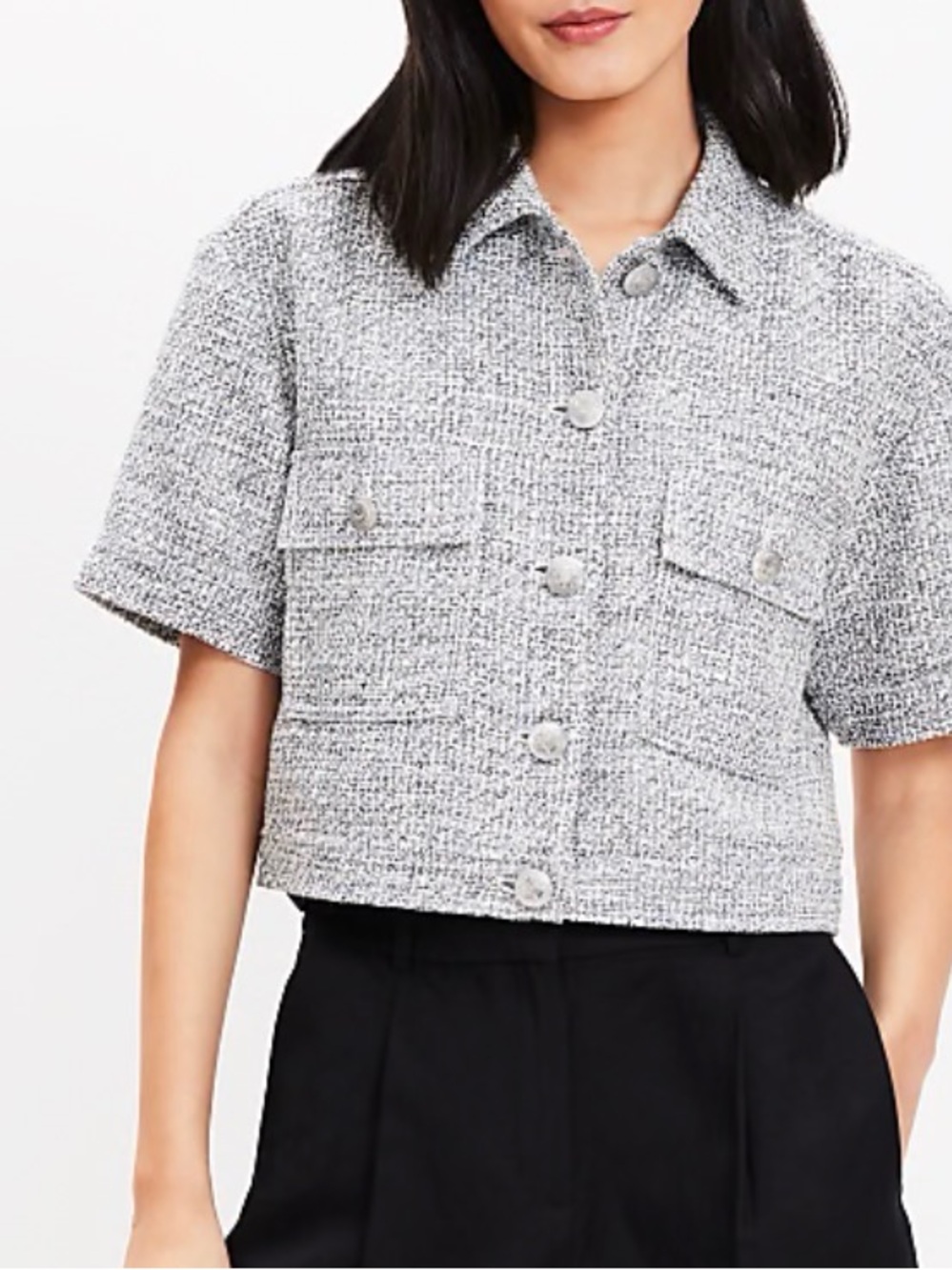 LOFT Short-Sleeve Tweed Blazer in Gray Mix